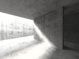 Minimalist architectural space with concrete walls and sunlight streaming through. 3d render.