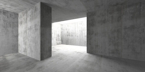 Minimalist concrete interior with spacious architecture and natural lighting. 3d render