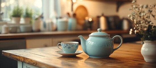 Fototapeta premium Blue teapot and teacup on wooden table in a kitchen.