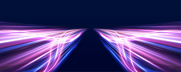 Abstract background showcasing the speed of light on a road with blue and purple neon glows, featuring glowing waves and swirling lines, conveying the dynamic motion of high-speed travel.	