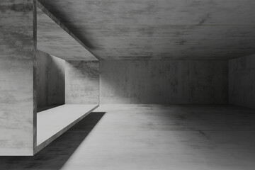 Minimalist concrete interior with geometric shadows and light play for modern architectural design. 3d render