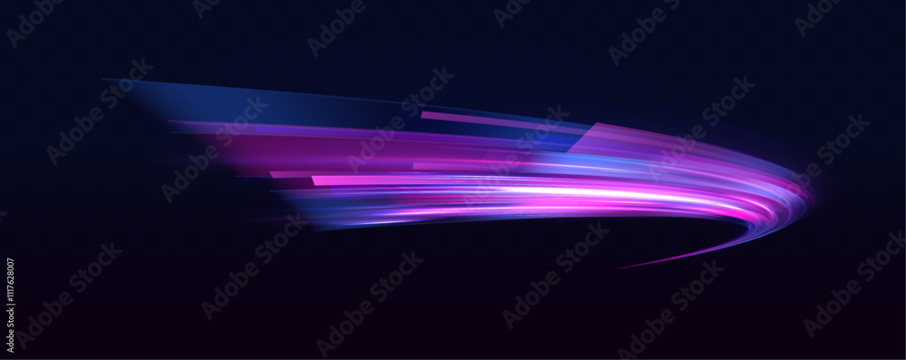 Poster Bright glowing line of new technologies on dark background in neon colors. Beautiful glow light flare and spark. Dynamic abstract vector art with flowing lines in vibrant pink, purple.	