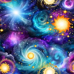 Fototapeta premium Vivid cosmic swirl with colorful light trails and golden stars on a dark background, abstract celestial-themed illustration