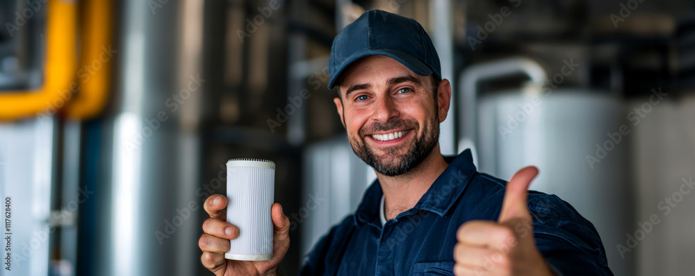 Poster furnace filter and clean concept. smiling worker showing thumbs up with a roll of material in a fact