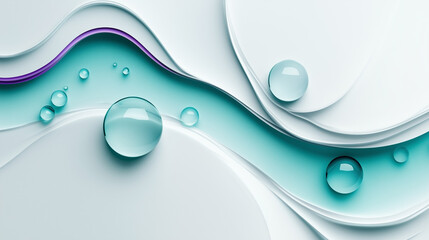 Vibrant green and purple abstract design with bubbles on white, abstract blue background with drops. 