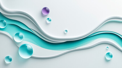 Green and purple wave patterns with bubbles on a clean white background.