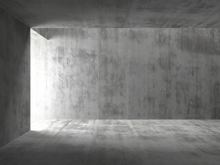 Minimalistic concrete room interior with textured walls and soft lighting. 3d render