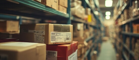 Cardboard boxes stacked on shelves in a warehouse.