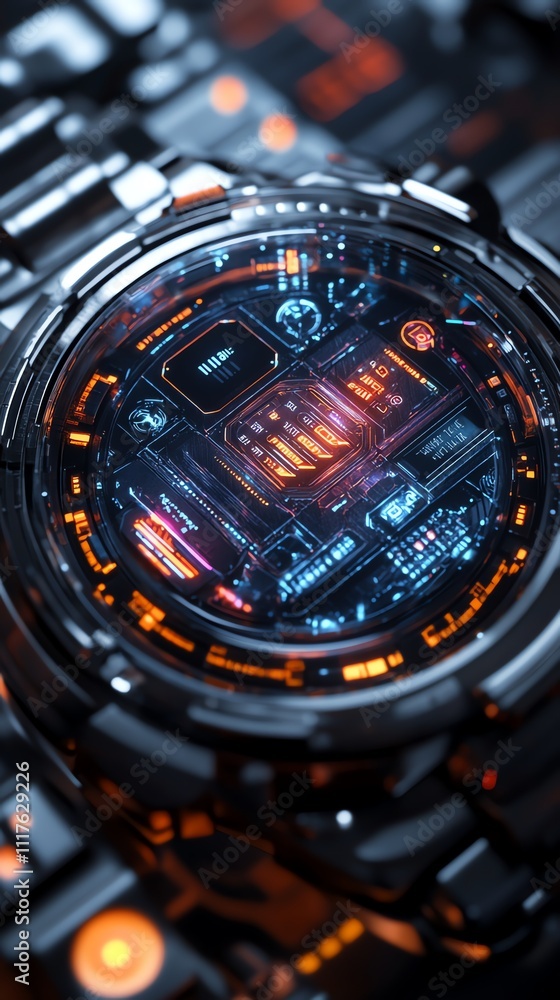 Poster a futuristic watch showcasing intricate circuitry and vibrant lighting.