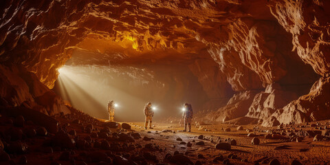 Night scene on Mars with astronauts using lights to explore a cavern, eerie shadows and rock formations