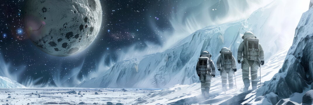 A group of tourists in spacesuits exploring the icy geysers of Enceladus, one of Saturn's moons.