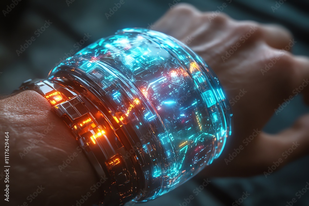 Poster a futuristic wrist device emitting vibrant lights and patterns.