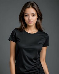 Obraz premium Portrait of a beautiful female model wearing a black t-shirt 