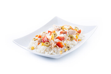 Rice salad with tomato, corn,olives and tuna isolated on white background