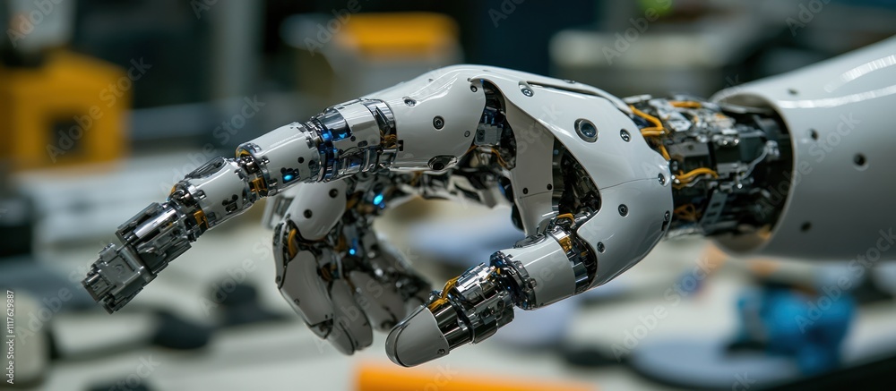 Poster close up of a robotic hand with intricate detail. it is pointing its index finger out, with a blurre