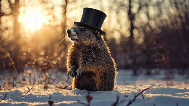 a ground hog wearing a top hat in the winter sun digital