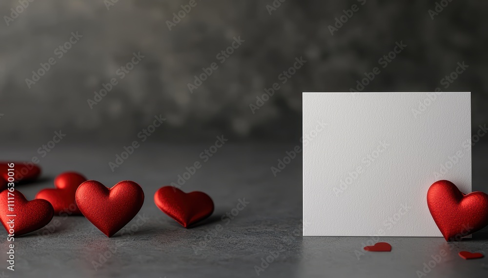 Poster a blank card sits beside scattered red hearts on a textured surface, creating a romantic and invitin