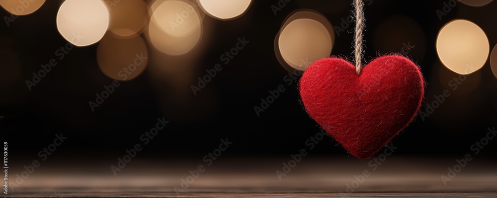 Poster a soft red heart hangs from a string against a blurred background of warm lights, evoking feelings o