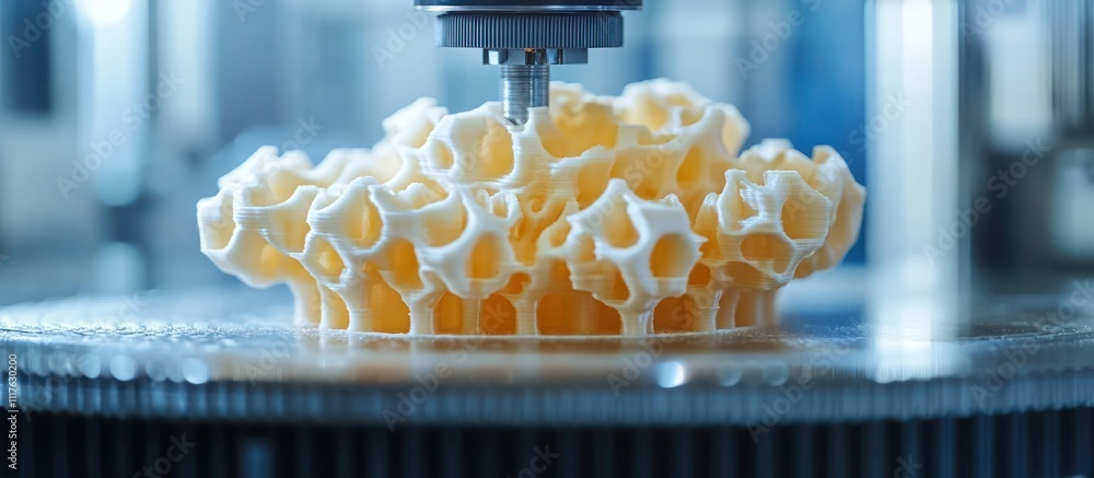 Poster close-up of a 3d printer creating a intricate, honeycomb-like object.