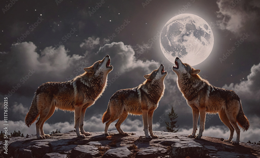 Poster three wolves are standing on a rocky hillside, howling at the moon. the image has a moody and myster