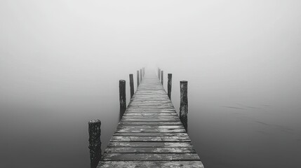 Obraz premium Misty lake pier extending to unseen horizon.