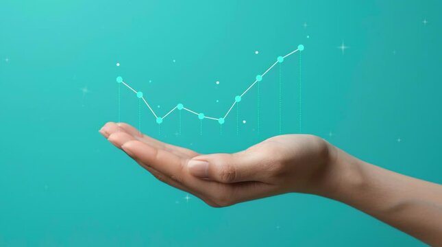 A hand holding an upward trend graph on a blue background, representing growth or success concept.