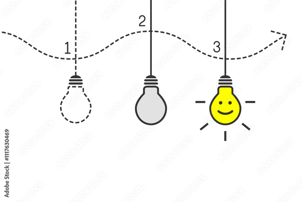 Poster development of a good and new idea concept with steps, process and shiny light bulb. bright yellow l