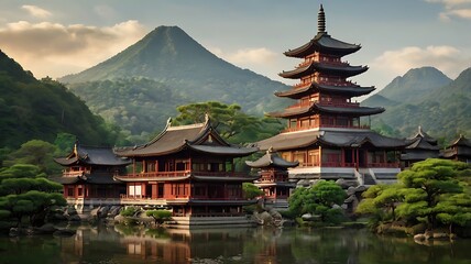 Fototapeta premium Serene Pagoda Landscape Amidst Lush Green Mountains