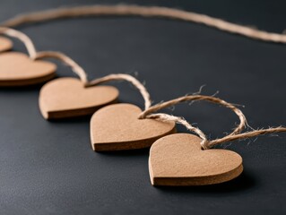 A string of wooden heart decorations linked by twine against a dark background, ideal for crafts or romantic occasions.