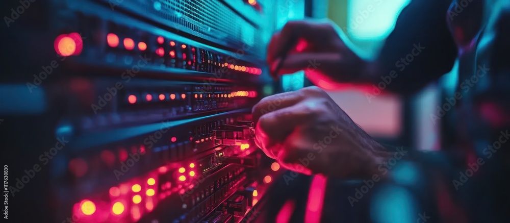 Aufkleber close-up of hands working on server racks in a data center with glowing red and blue lights.