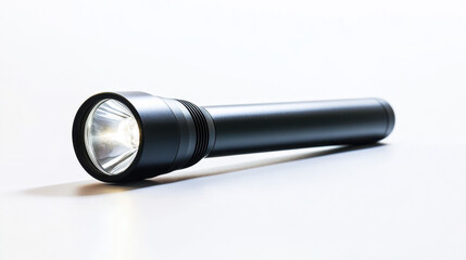 Sleek black flashlight casting light on a smooth white surface, showcasing its design and illumination capabilities.