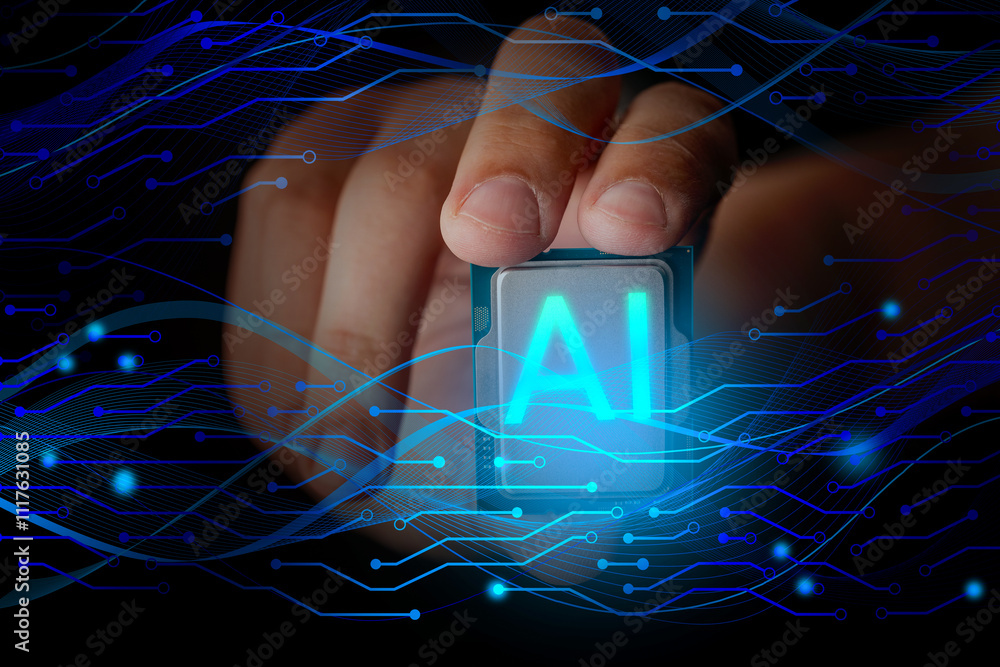 Poster artificial intelligence technologies. man holds a processor labeled artificial intelligence against 