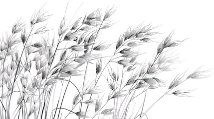 Monochrome illustration of oat stalks swaying gently in the wind, isolated on white.