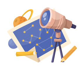 Telescope with Constellation as School Education Item and Supply Composition Vector Illustration