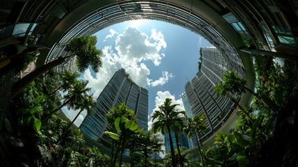 Fisheye view of skyscrapers surrounded by lush tropical greenery under a bright sunny sky.