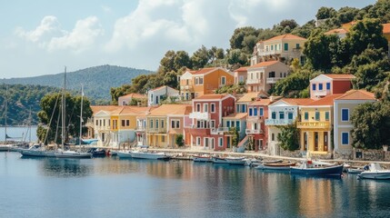 Obraz premium Colorful houses line a tranquil harbor, boats moored along the waterfront, reflecting in the calm water under a partly cloudy sky.