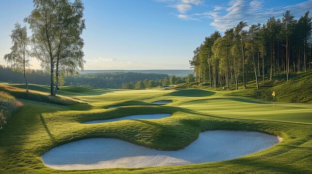 A par 3 golf hole, seen from the tees towards the green. The greens are made with synthetic turf and surrounded by sand bunkers. Trees behind and on both sides of the green.