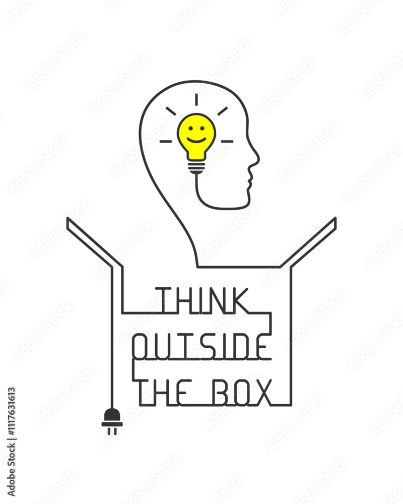 Aufkleber think outside the box and bright idea concept with smiling light bulb. shining lightbulb with smile 