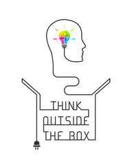 Think outside the box and unique thinking concept. Colourful light bulb made of puzzle as mind and brain symbol. Electric wire and cable line forming text, cardboard box, head of a person silhouette.