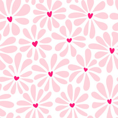Vector groovy style flowers seamless pattern. Pink chamomiles with a heart shaped core on white background. Floral retro print for Valentines day wallpaper, fashion print design, fabric, decoration.