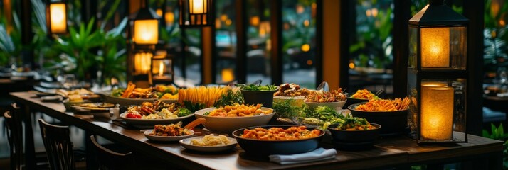 Elegant dinner buffet with assorted dishes in cozy ambient lighting