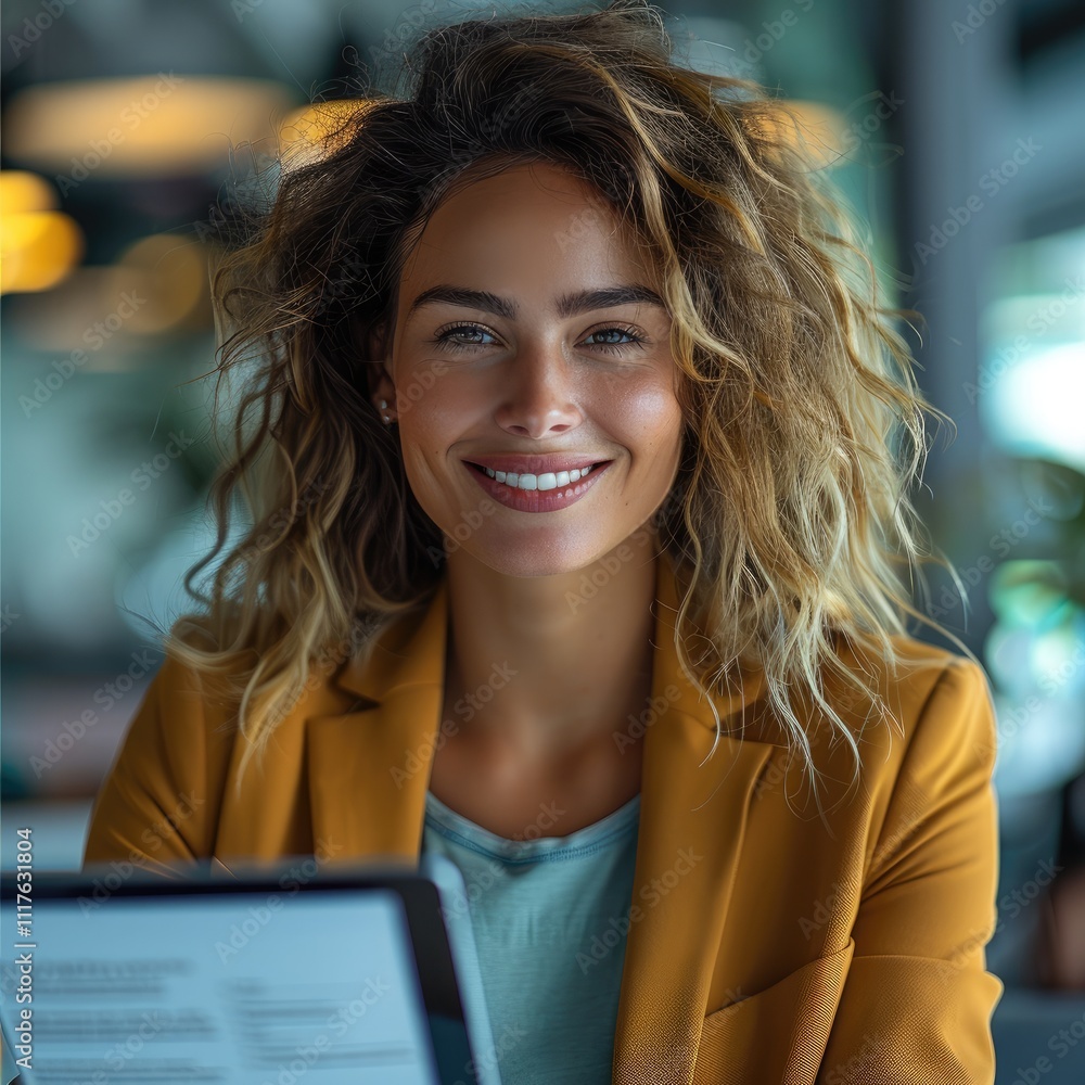 Aufkleber a confident business woman in modern office environment, smiling with satisfaction while reviewing a