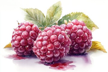 A watercolor illustration of fresh raspberries with green leaves.