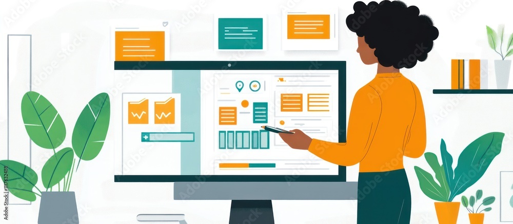 Poster woman analyzing data on a computer monitor, with graphs, charts, and diagrams.