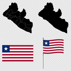Set of maps, flag and flagpole of Liberia. Vector illustration.