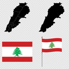 Set of maps, flag and flagpole of Lebanon. Vector illustration.
