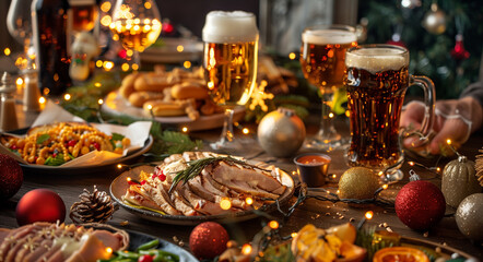 Fototapeta premium A captivating scene capturing the essence of a festive gathering where friends savor different types of Christmas beer alongside traditional Danish dishes,