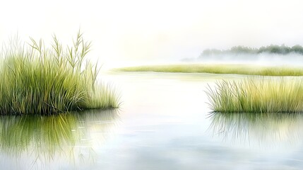 Fototapeta premium Watercolor, Marshlands are vital ecosystems supporting wildlife plants and climate balance requiring restoration to protect nature. Serene Misty Morning Over Calm Waters and Lush Grass