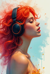 Redhead woman listens to music wearing headphones against a painted background.