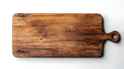 Top view of rectangular wooden cutting board isolated on white background.